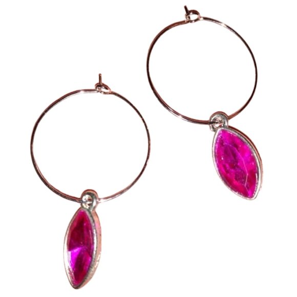 Pink Fuchsia Marquis Rhinestone Silver Hoops Crystal Steel Hoop Earrings KATTA - Picture 1 of 7